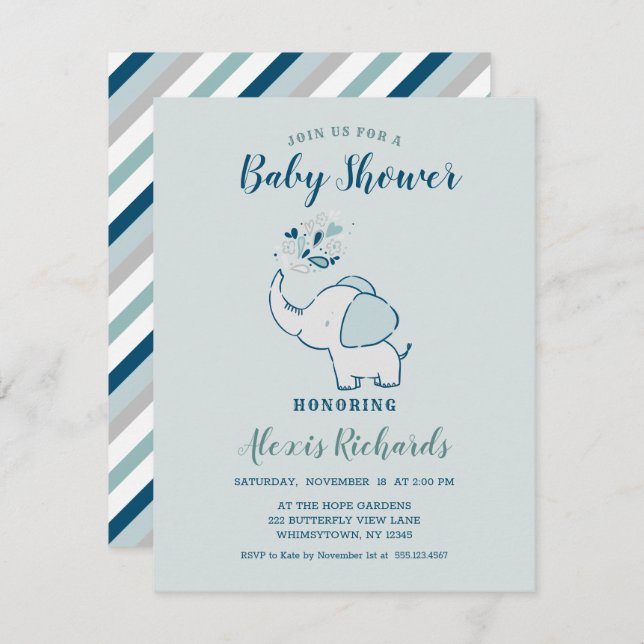 Navy Blue & Mint Niedlich Elephant Themed Baby Dus Einladung (Vorne/Hinten)
