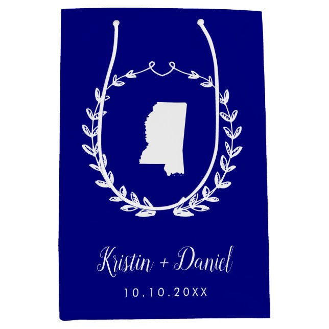 Navy Blue Mississippi Map Wedding Welcome Swag Mittlere Geschenktüte (Vorderseite)