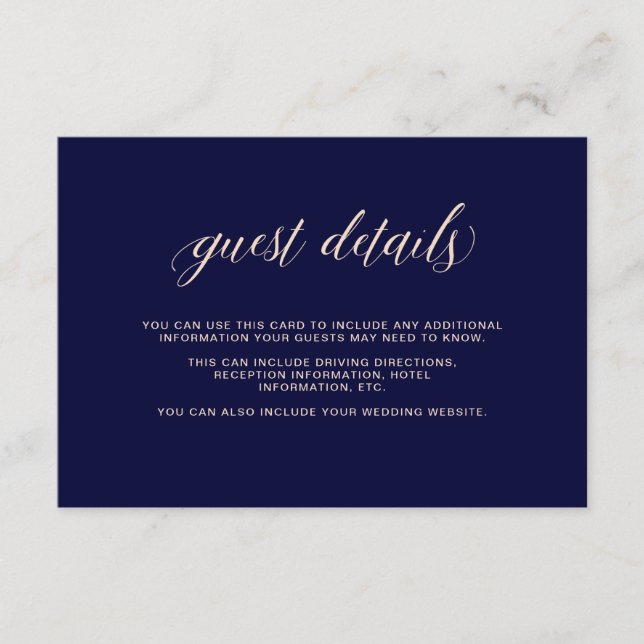 Navy Blue mit Blush Typografie | Gästedaten Begleitkarte (Vorderseite)