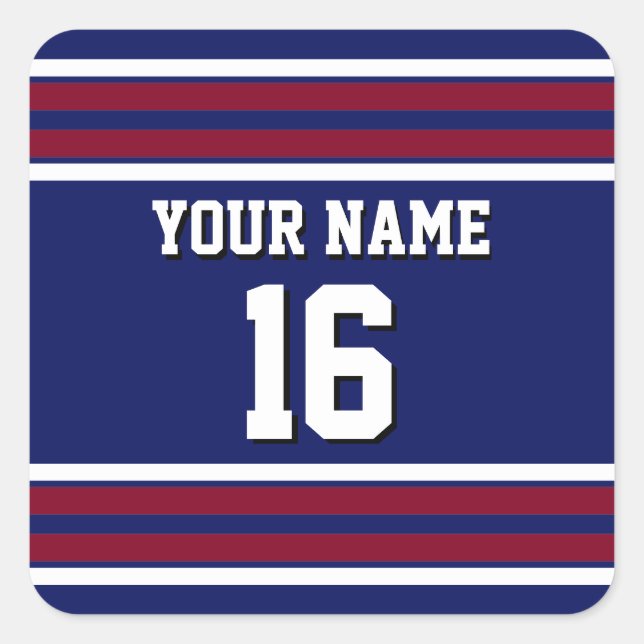 Navy Blue mit Burgundy White Stripes Team Jersey Quadratischer Aufkleber (Vorderseite)