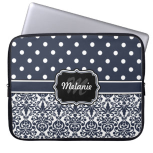 Navy Blue Mit Monogramm Damask Polka Dot Laptopschutzhülle