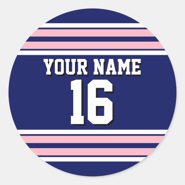 Navy Blue mit Pink White Stripes Team Jersey Runder Aufkleber (Vorderseite)