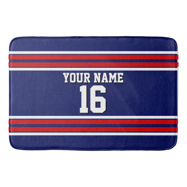 Navy Blue mit Red White Stripes Team Jersey Badematte (Vorderseite)