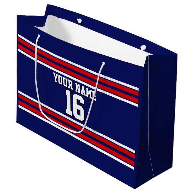 Navy Blue mit Red White Stripes Team Jersey Große Geschenktüte (Vorderseite Schrägansicht)