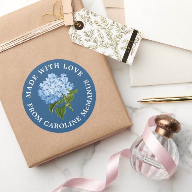 Navy Blue mit White Hydrangea Made with Liebe Runder Aufkleber (Schenken)