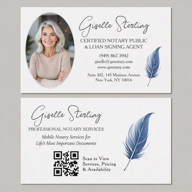 Navy Blue Mobile Notary QR Code Modern Photo  Visitenkarte (Von Creator hochgeladen)