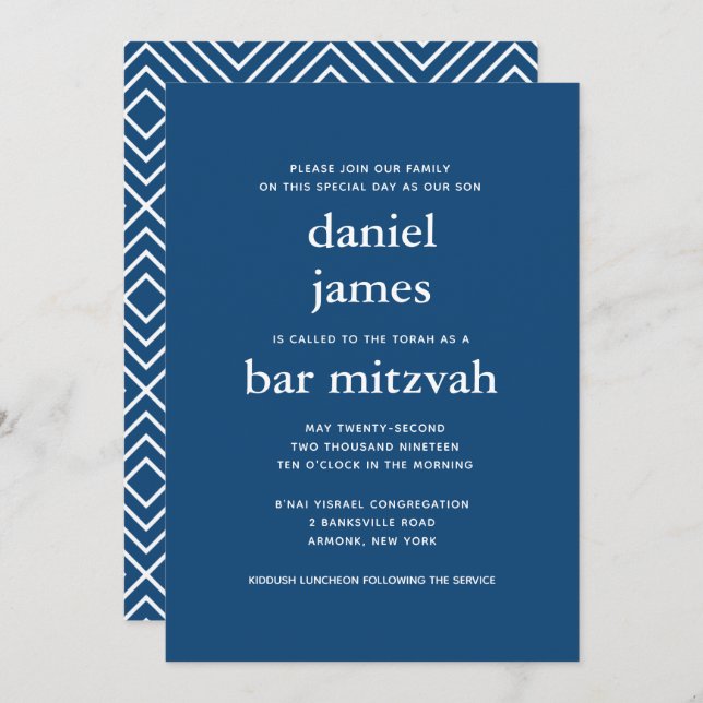 Navy Blue Modern Bar Mitzvah II Einladung (Vorne/Hinten)