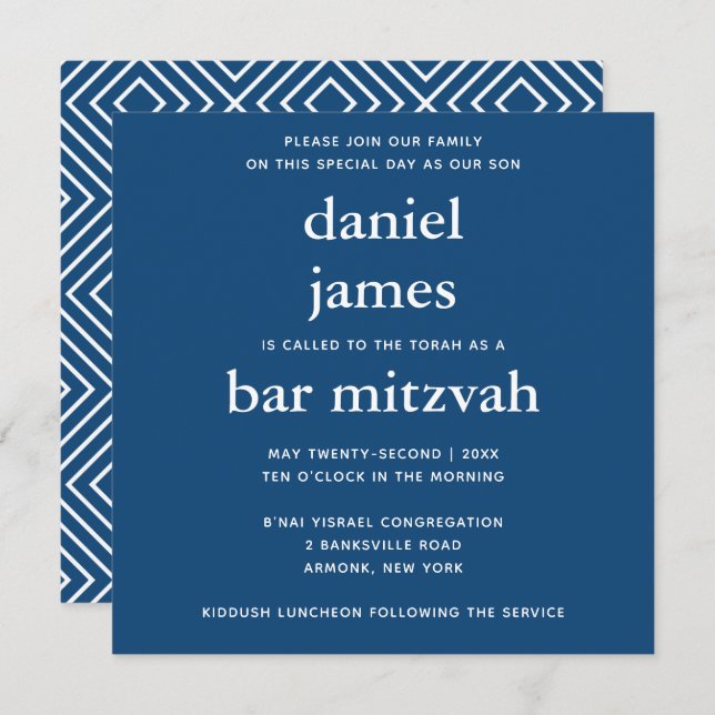 Navy Blue Modern Bar Mitzvah Square Einladung (Vorne/Hinten)