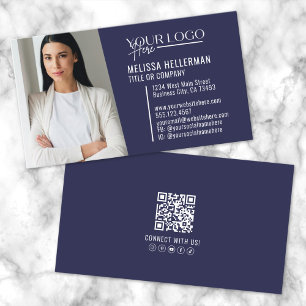 Navy Blue Modern Berufliches QR-Code-Foto-Logo Visitenkarte