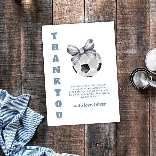 Navy Blue Modern Bow Soccer Sport Boy Baby Shower  Dankeskarte (Navy Blue Modern Bow Soccer Sport Boy Baby Shower Thank You Card)