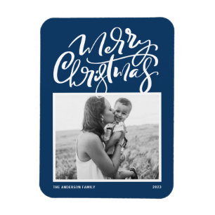 Navy Blue Modern Calligraphy Foto Weihnachten Magnet