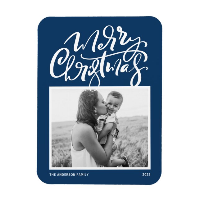 Navy Blue Modern Calligraphy Foto Weihnachten Magnet (Vertikal)