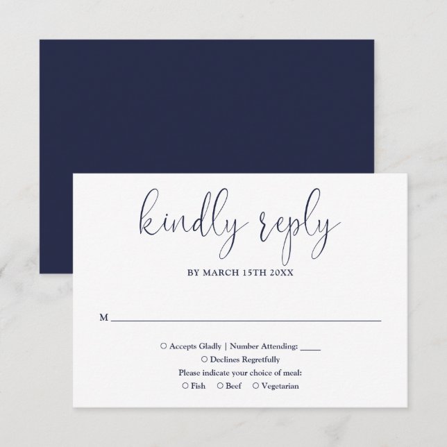 Navy Blue Modern Chic Elegante Script Hochzeit RSVP Karte (Vorne/Hinten)