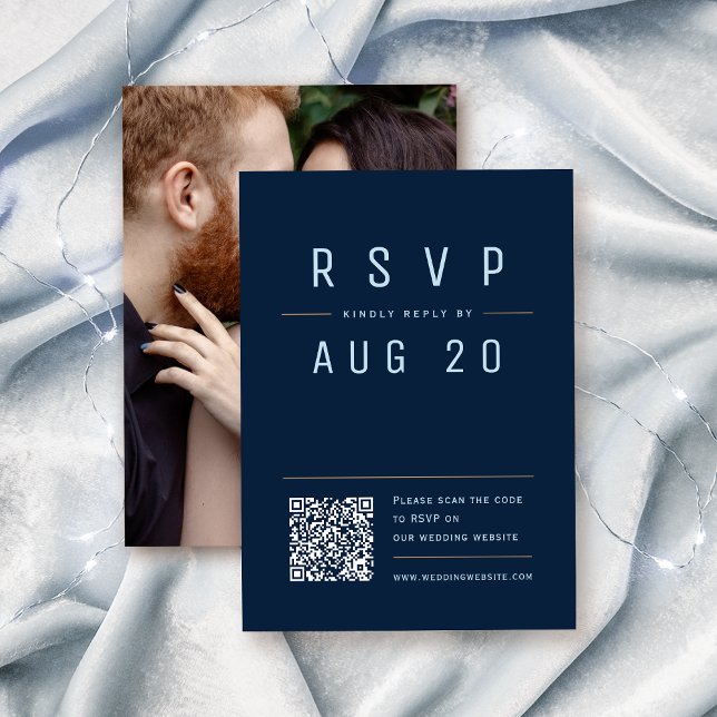 Navy Blue Modern Chic Simple Typografy QR-Code RSVP Karte (Navy Blue Modern Chic Simple Typography QR code RSVP Card)