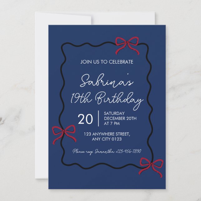 Navy Blue Modern Coquette 19th Birthday Invitation Einladung (Vorderseite)