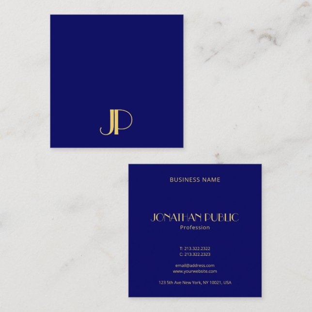Navy Blue Modern Elegange Gold Monogram Template Quadratische Visitenkarte (Vorne/Hinten)