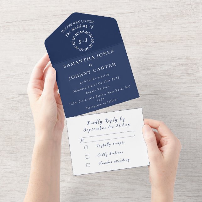 Navy Blue Modern Elegant Simple Wedding All In One Einladung (Abreißen)
