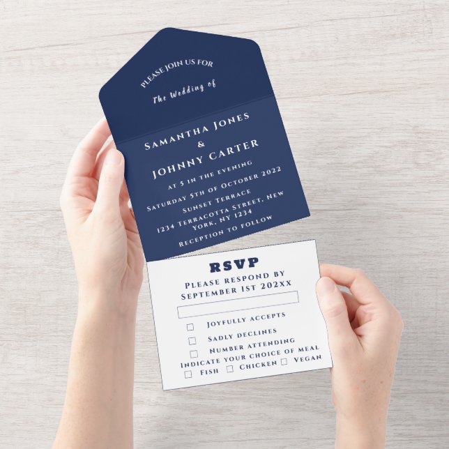 Navy Blue Modern Elegant Simple Wedding All In One Einladung (Abreißen)