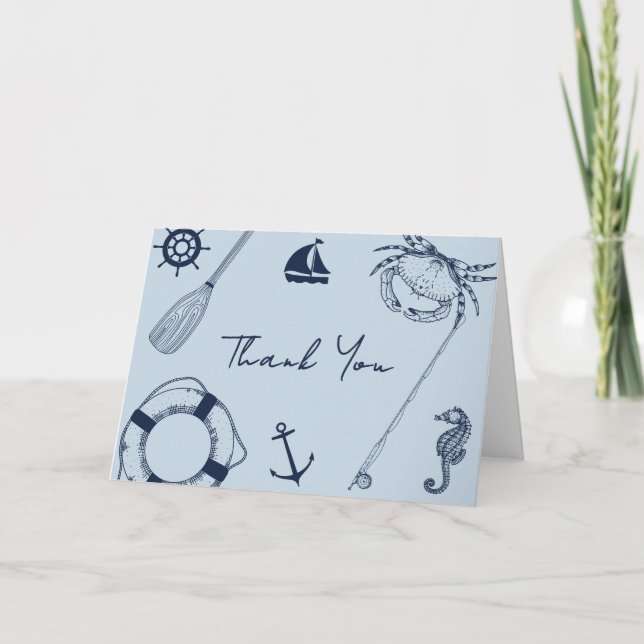 Navy Blue Modern Elegante Fishing Boy Baby Shower Dankeskarte (Vorderseite)
