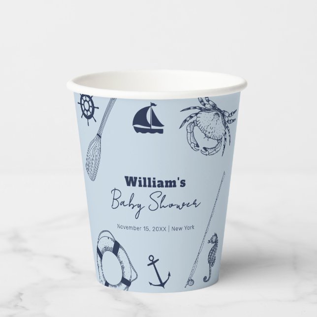 Navy Blue Modern Elegante Fishing Boy Baby Shower Pappbecher (Vorderseite)