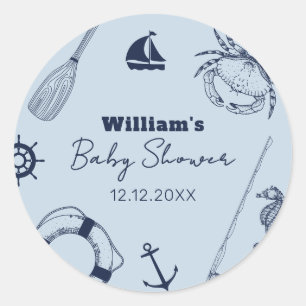 Navy Blue Modern Elegante Fishing Boy Baby Shower Runder Aufkleber