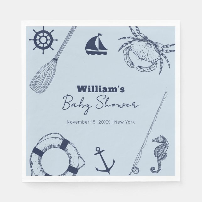 Navy Blue Modern Elegante Fishing Boy Baby Shower Serviette (Vorderseite)