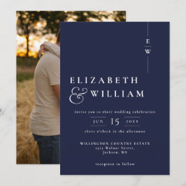 Navy Blue Modern Elegante Monogram Foto Wedding Einladung