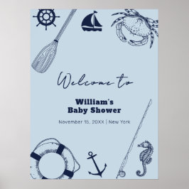 Navy Blue Modern Fishing Boy Baby Dusche Willkomme Poster