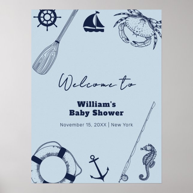 Navy Blue Modern Fishing Boy Baby Dusche Willkomme Poster (Vorne)