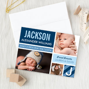 Navy Blue Modern Foto Collage Baby Boy Birth Ankündigung