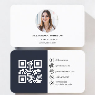 Navy Blue Modern Foto mit QR Code Social Media Visitenkarte