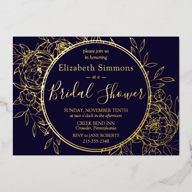 Navy Blue Modern Line Peony Toile Brautparty Folieneinladung (Vorderseite)