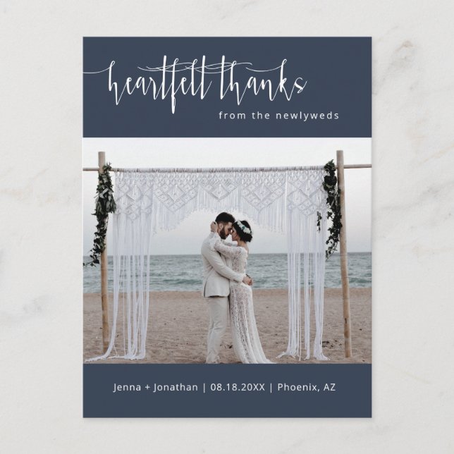 Navy Blue Modern Minimal Wedding Foto Vielen Dank Postkarte (Vorderseite)