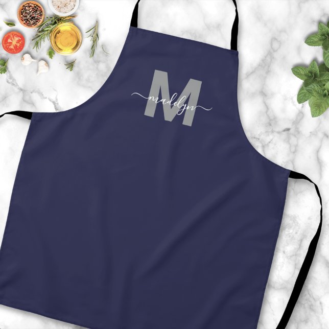 Navy Blue Modern Minimalistisch Elegante Monogram Schürze (Navy Blue Modern Minimalist Elegant Monogram Apron )