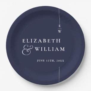 Navy Blue Modern Minimalistisch Monogram Wedding Pappteller