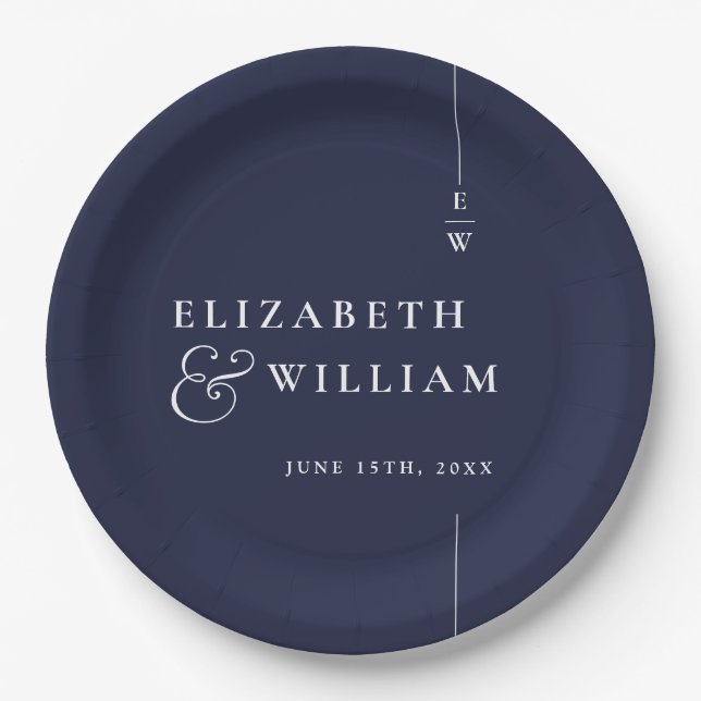 Navy Blue Modern Minimalistisch Monogram Wedding Pappteller (Vorderseite)