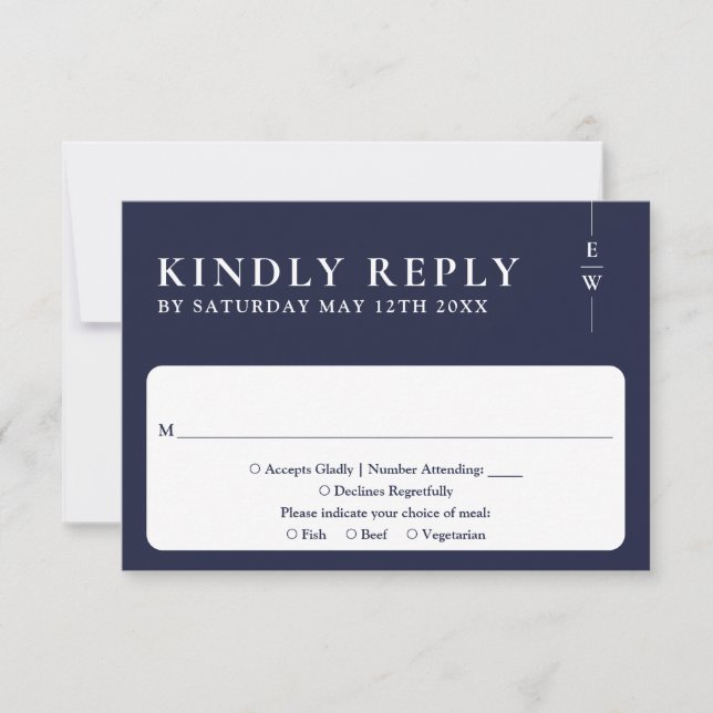 Navy Blue Modern Minimalistisch Monogram Wedding RSVP Karte (Vorderseite)