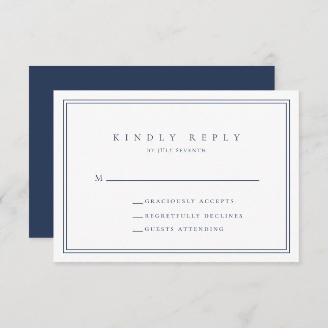 Navy Blue Modern Minimalistisch Wedding RSVP Card (Vorne/Hinten)