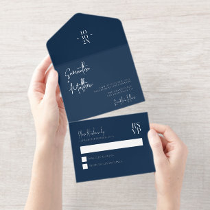 Navy Blue Modern Minimalistischer Silberstreifen All-in-One-Einladung