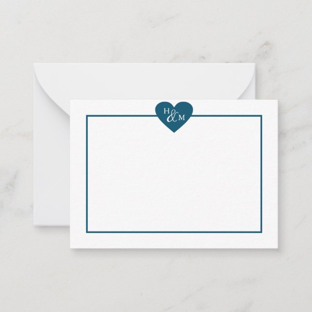 Navy Blue Modern Monogram Heart Mitteilungskarte (Vorderseite)