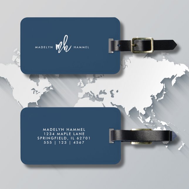 Navy Blue Modern Monogram Script Initials Gepäckanhänger (Von Creator hochgeladen)