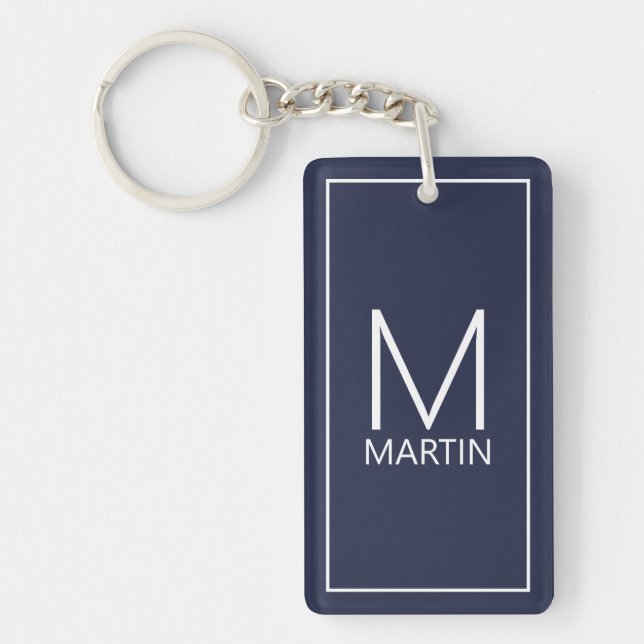 Navy Blue Modern Personalisiert Monogram und Name Schlüsselanhänger (Vorderseite)