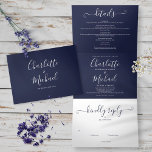 Navy Blue Modern Script Minimalistische Foto Hochz Dreifach Gefaltete Einladung<br><div class="desc">Alle in einem marineblauen Dreifach-Hochzeitsladen mit eleganter Typografie und Ihrem besonderen Foto. Die Einladung beinhaltet Ihre Festgastinformationen und eine abnehmbare RSVP-Karte. Entwickelt von Thisisnotme©</div>