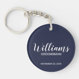 Navy Blue Modern Script Personalisiert Trauzeuge Schlüsselanhänger