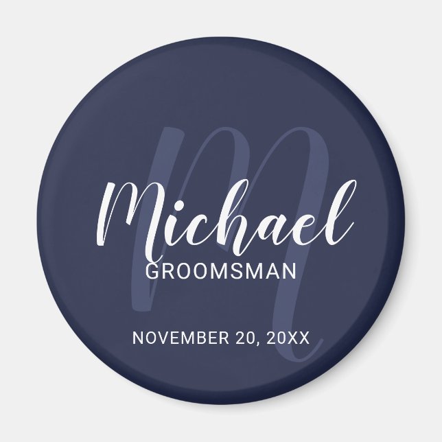 Navy Blue Modern Script Personalisierte Trauzeuge Magnet (Vorne)