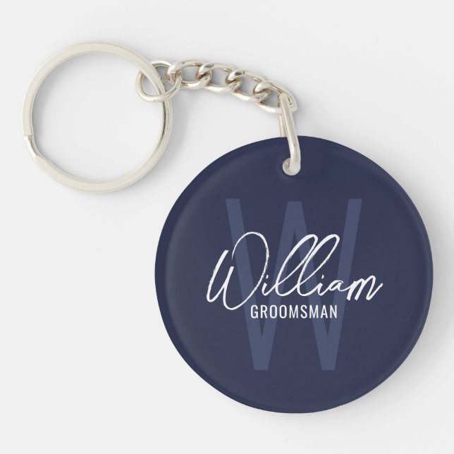 Navy Blue Modern Script Personalisierte Trauzeuge Schlüsselanhänger (Vorderseite)