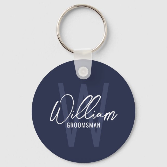 Navy Blue Modern Script Personalisierte Trauzeuge Schlüsselanhänger (Vorderseite)