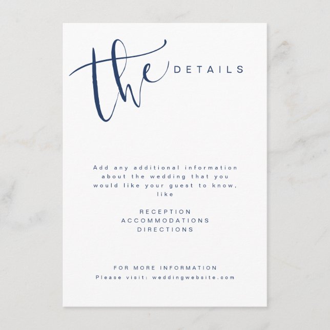 Navy Blue Modern Simple Script Wedding Details Begleitkarte (Vorderseite)