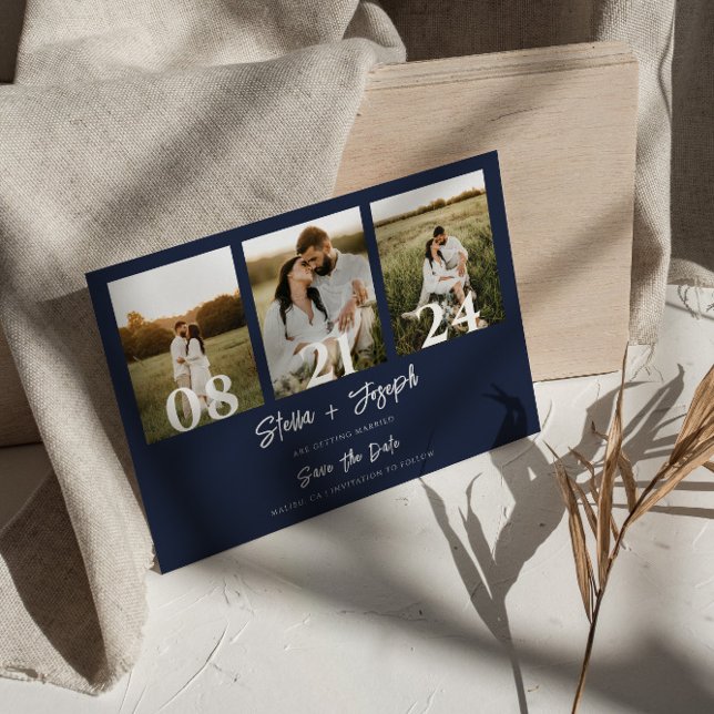 Navy Blue Modern Three Fotos Collage Chic Wedding Save The Date (Von Creator hochgeladen)
