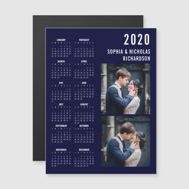 Navy Blue Modern Two Foto 2020 Calendar Magnet (Vorne/Hinten)